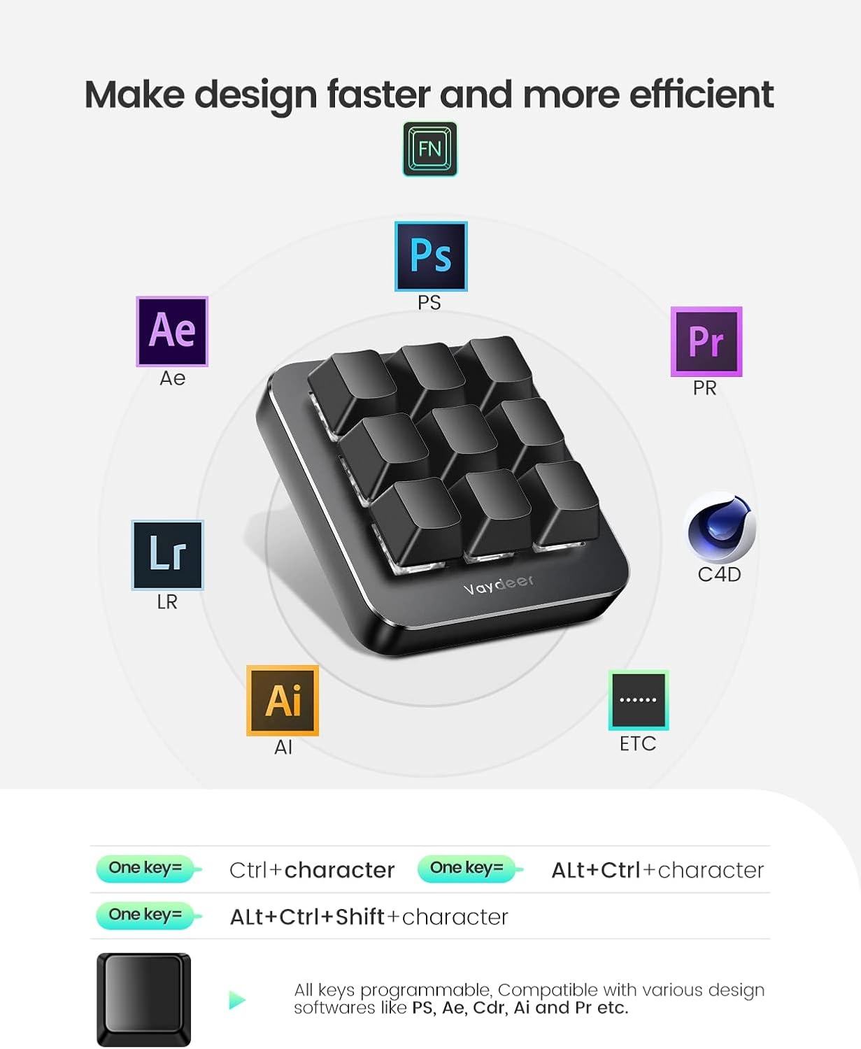 image:imageVaydeer OneHanded Mechanical Keyboard Support NKRO Hotkeys OneClick Start9 Fully Programmable Keys with Floating Window and Macro Multifunctional Keypad for iOSWindows Gift Idea for HimHerBlack