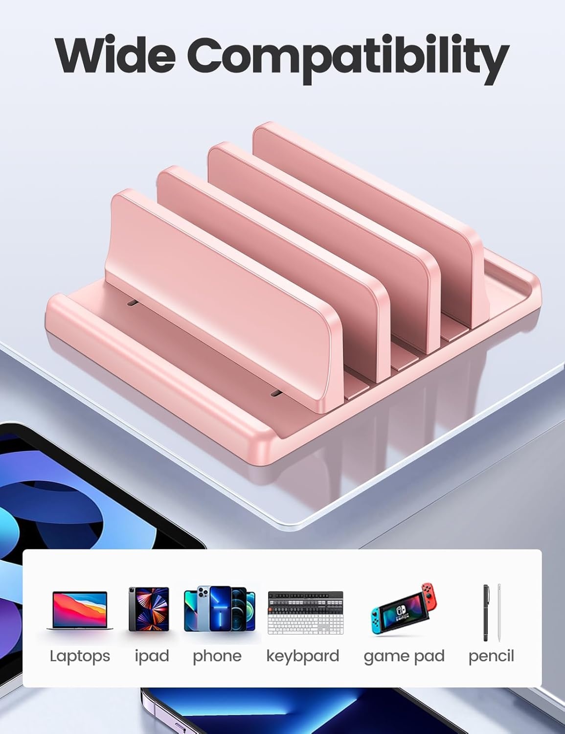 image:imageVaydeer 3Slot Vertical Laptop Stand Organizer Laptop Storage Holder Made of Premium ABS Plastics 5 in 1 DesignDesktop SpaceSaving Adjustable Desk Organizer for All MacBookChromebookSurfacePink