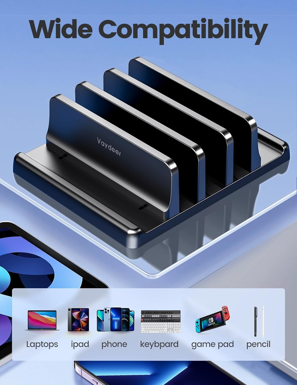 image:imageVaydeer 3Slot Vertical Laptop Stand Organizer Laptop Storage Holder Made of Premium ABS Plastics 5 in 1 DesignDesktop SpaceSaving Adjustable Desk Organizer for All MacBookChromebookSurfaceBlack