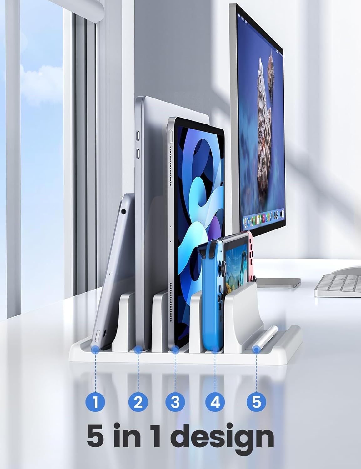 image:imageVaydeer 3Slot Vertical Laptop Stand Organizer Laptop Storage Holder Made of Premium ABS Plastics 5 in 1 DesignDesktop SpaceSaving Adjustable Desk Organizer for All MacBookChromebookSurfaceWhite