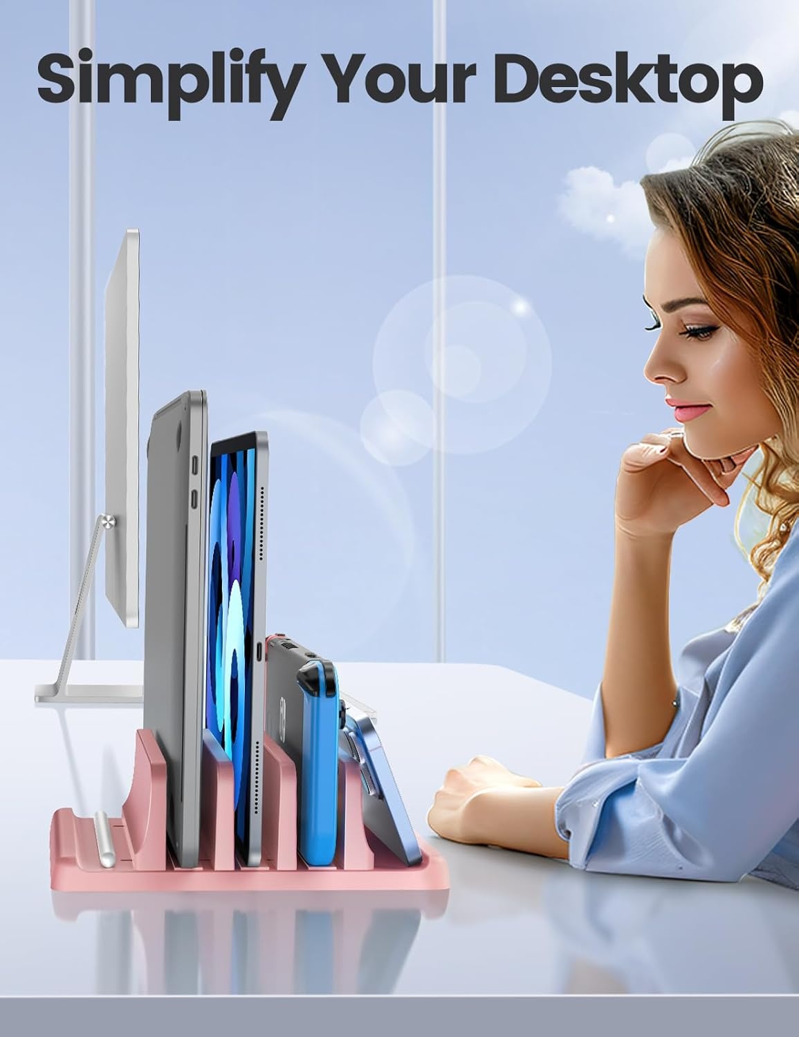 image:imageVaydeer 3Slot Vertical Laptop Stand Organizer Laptop Storage Holder Made of Premium ABS Plastics 5 in 1 DesignDesktop SpaceSaving Adjustable Desk Organizer for All MacBookChromebookSurfacePink