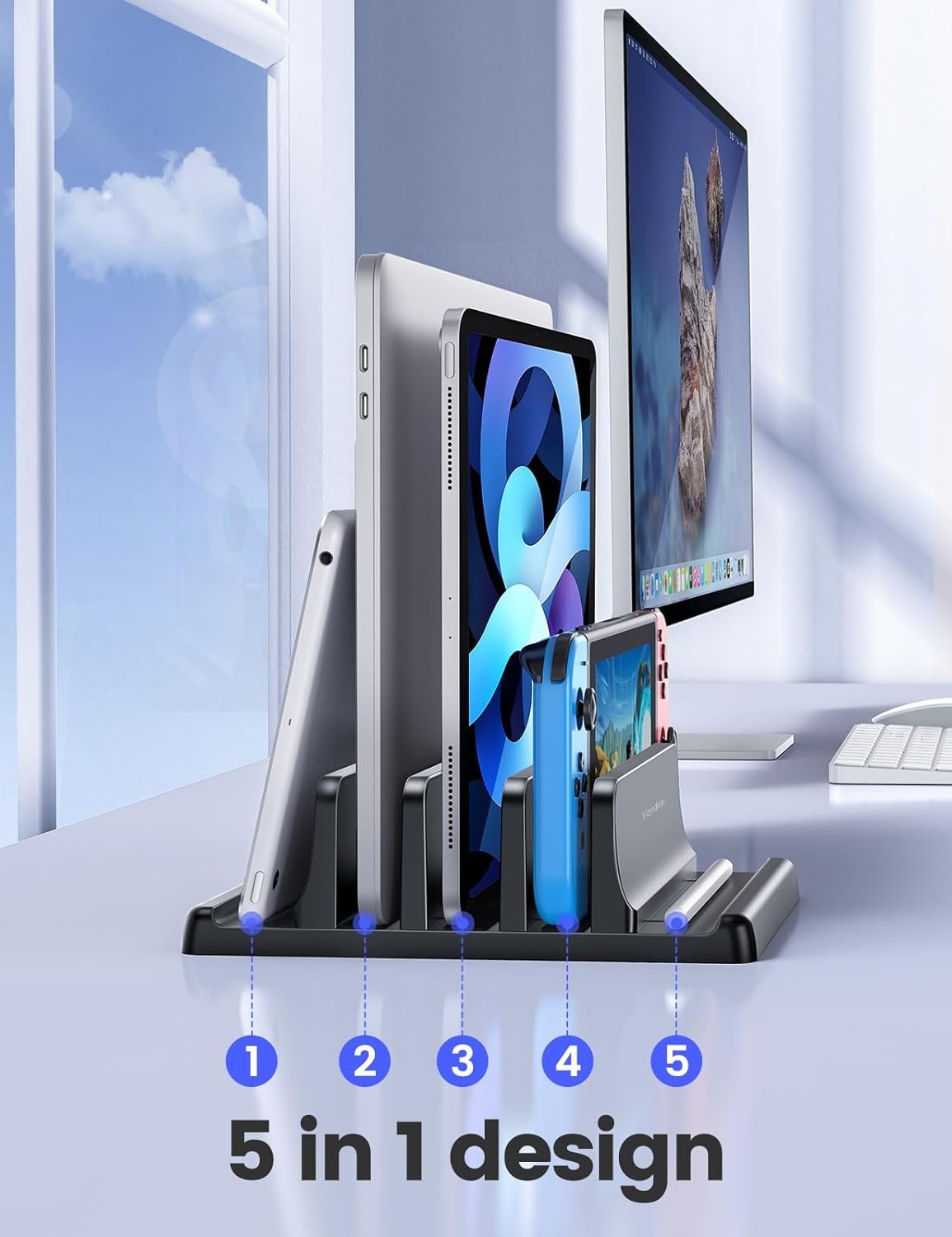 image:imageVaydeer 3Slot Vertical Laptop Stand Organizer Laptop Storage Holder Made of Premium ABS Plastics 5 in 1 DesignDesktop SpaceSaving Adjustable Desk Organizer for All MacBookChromebookSurfaceBlack