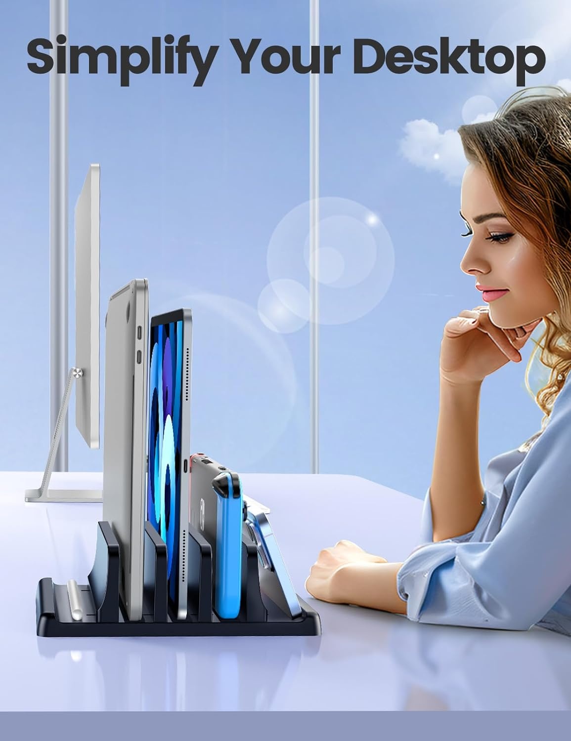 image:imageVaydeer 3Slot Vertical Laptop Stand Organizer Laptop Storage Holder Made of Premium ABS Plastics 5 in 1 DesignDesktop SpaceSaving Adjustable Desk Organizer for All MacBookChromebookSurfaceBlack