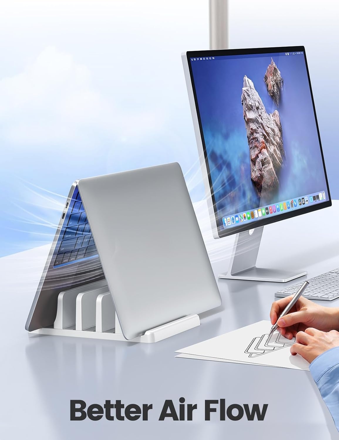 image:imageVaydeer 3Slot Vertical Laptop Stand Organizer Laptop Storage Holder Made of Premium ABS Plastics 5 in 1 DesignDesktop SpaceSaving Adjustable Desk Organizer for All MacBookChromebookSurfaceWhite