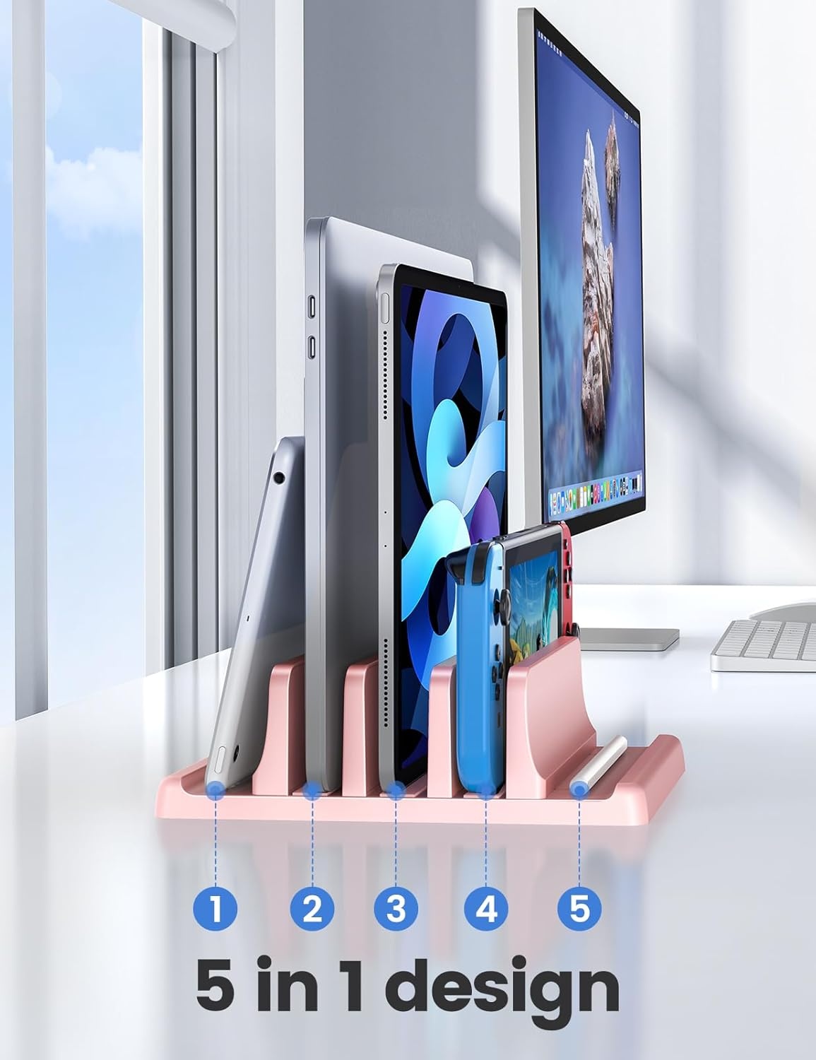 image:imageVaydeer 3Slot Vertical Laptop Stand Organizer Laptop Storage Holder Made of Premium ABS Plastics 5 in 1 DesignDesktop SpaceSaving Adjustable Desk Organizer for All MacBookChromebookSurfacePink