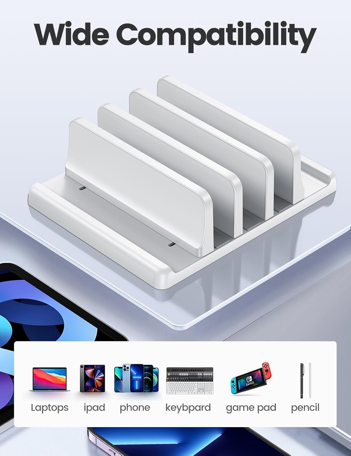 image:imageVaydeer 3Slot Vertical Laptop Stand Organizer Laptop Storage Holder Made of Premium ABS Plastics 5 in 1 DesignDesktop SpaceSaving Adjustable Desk Organizer for All MacBookChromebookSurfaceWhite