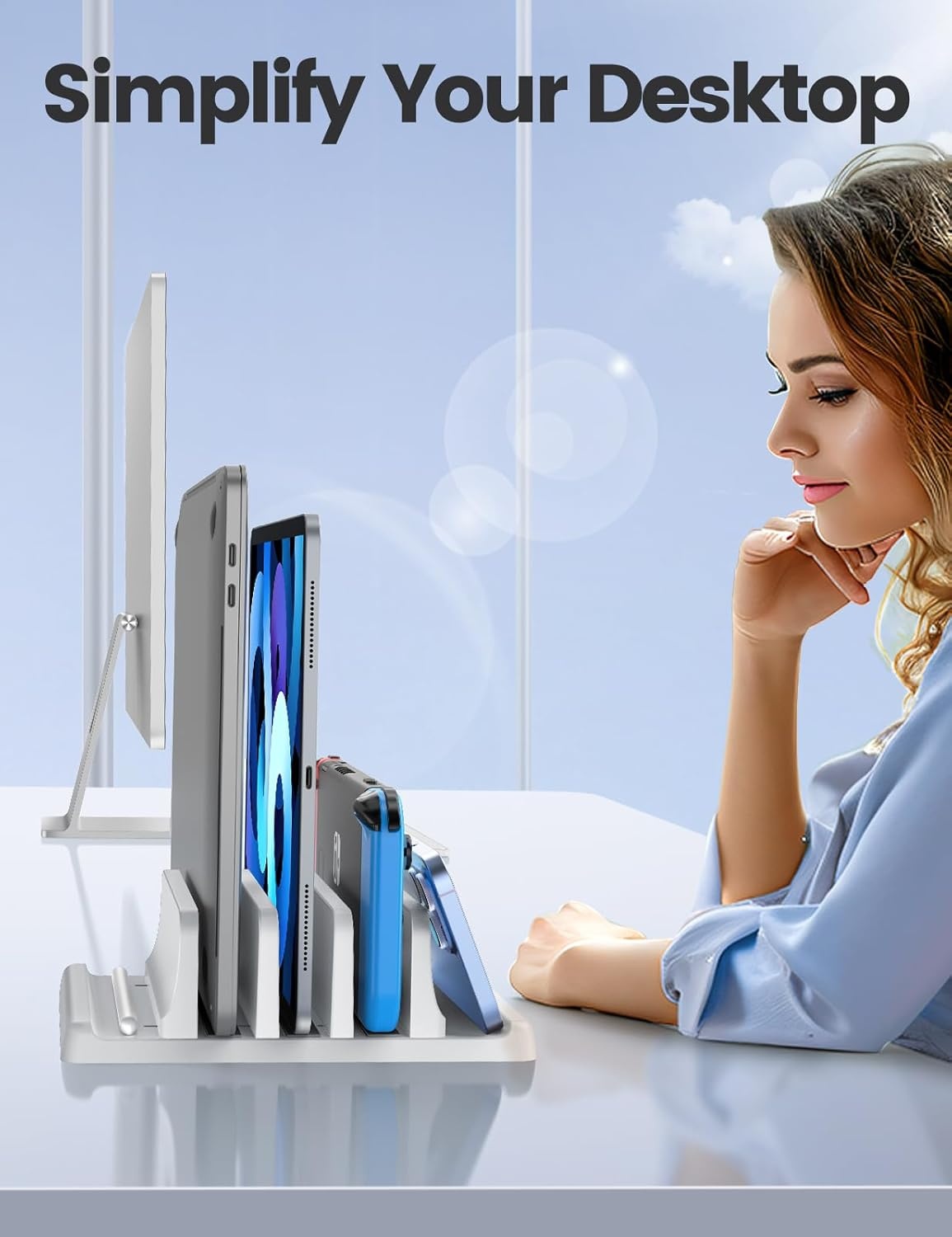 image:imageVaydeer 3Slot Vertical Laptop Stand Organizer Laptop Storage Holder Made of Premium ABS Plastics 5 in 1 DesignDesktop SpaceSaving Adjustable Desk Organizer for All MacBookChromebookSurfaceWhite