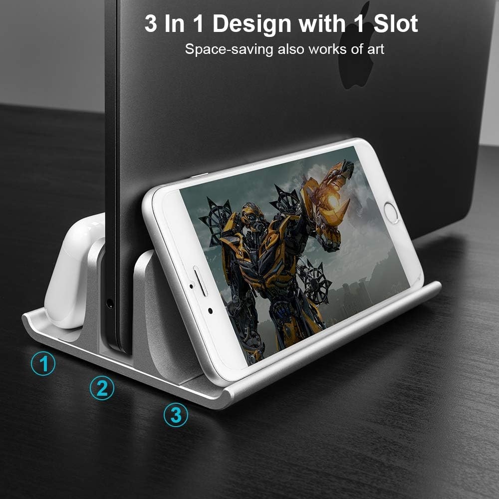 image:imageVaydeer 3in1 Aluminum Laptop Stand Vertical Laptop Stand Holder for Desk with Adjustable Dock SpaceSaving Organizer for All MacBook Surface Samsung HP Dell up to 173 inchSilver