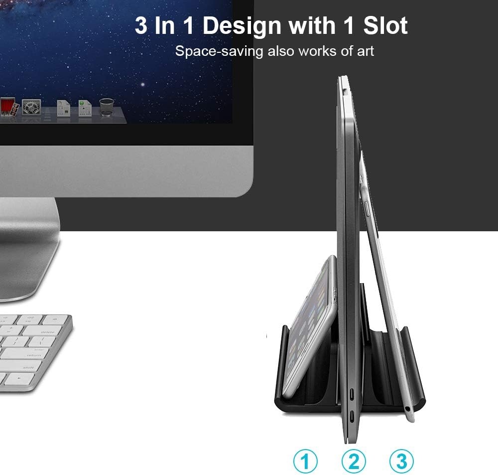 image:imageVaydeer 3in1 Aluminum Laptop Stand Vertical Laptop Stand Holder for Desk with Adjustable Dock SpaceSaving Organizer for All MacBook Surface Samsung HP Dell up to 173 inchBlack