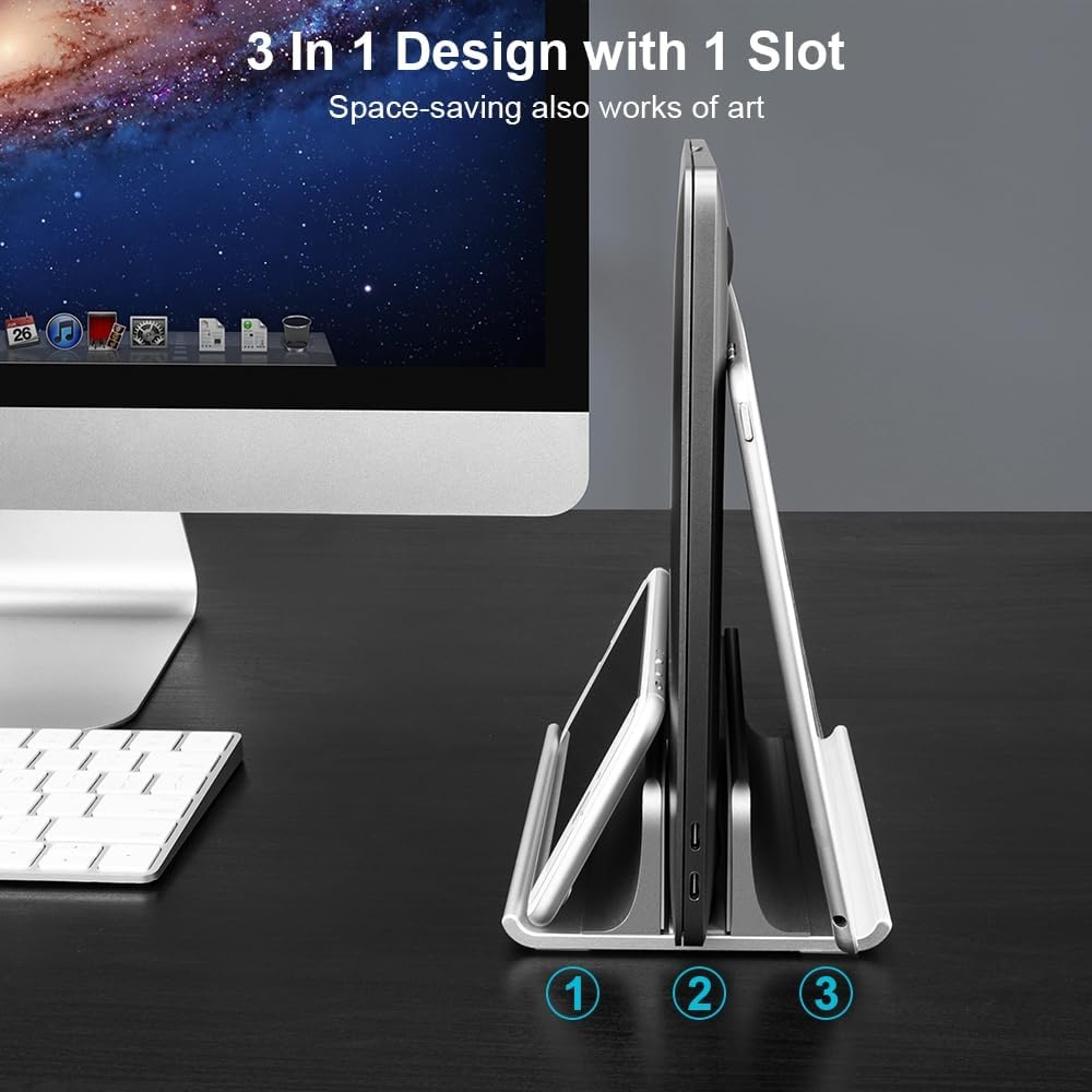 image:imageVaydeer 3in1 Aluminum Laptop Stand Vertical Laptop Stand Holder for Desk with Adjustable Dock SpaceSaving Organizer for All MacBook Surface Samsung HP Dell up to 173 inchSilver