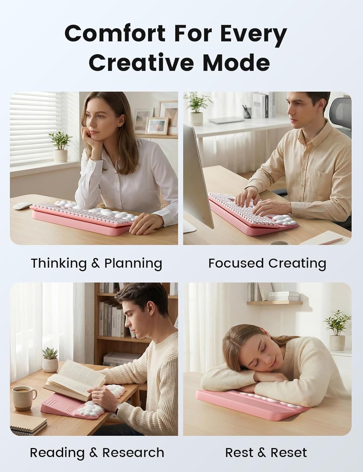 image:imageVaydeer Cloud Wrist Rest with Keyboard Stand Computer Wrist Support Pad Soft Memory Foam Ergonomic Keyboard Riser Holder Lifter Tilted Wrist Cushion for Desk Palm Hand Typing for Office Home GamingPink and White