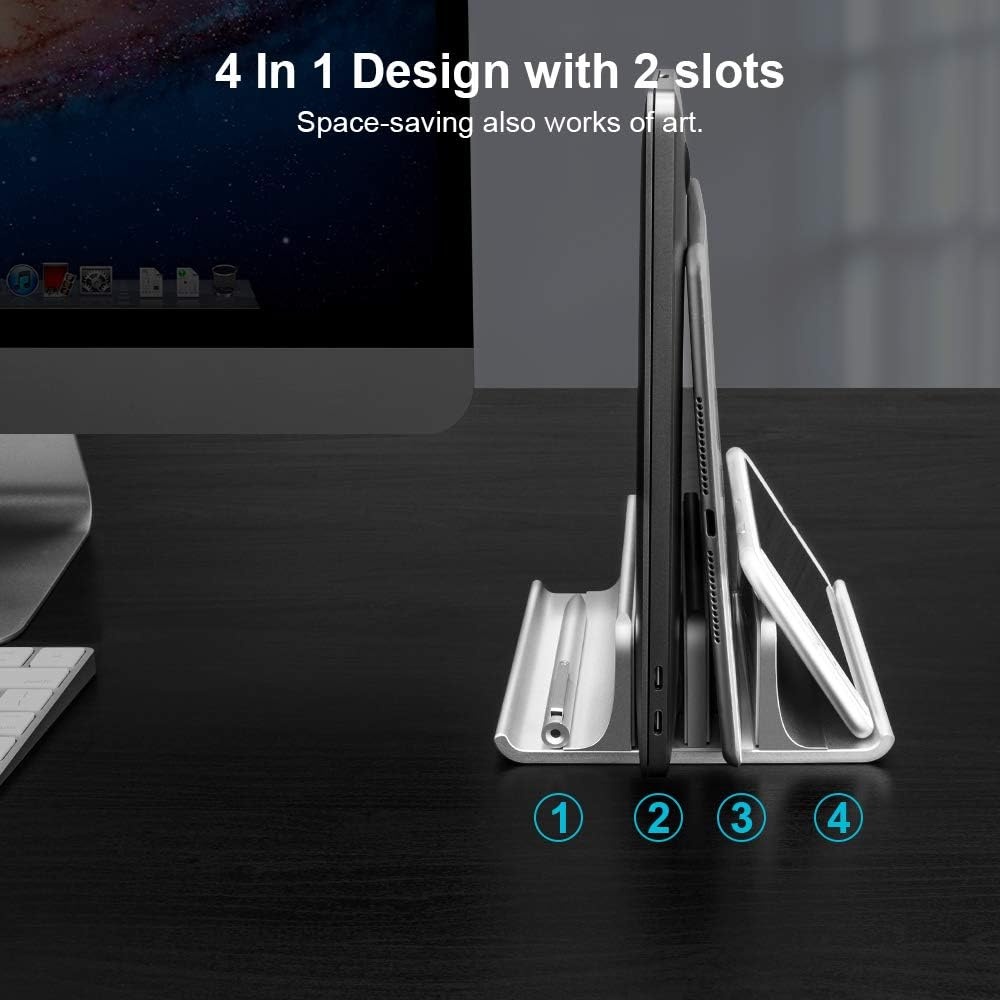 image:imageVaydeer Double Adjustable Vertical Laptop Stand Newly Designed 2 Slots Aluminum Desktop Dual Holder for All MacBookChromebookSurfaceDelliPad Up to 173 Inches BlackSilver