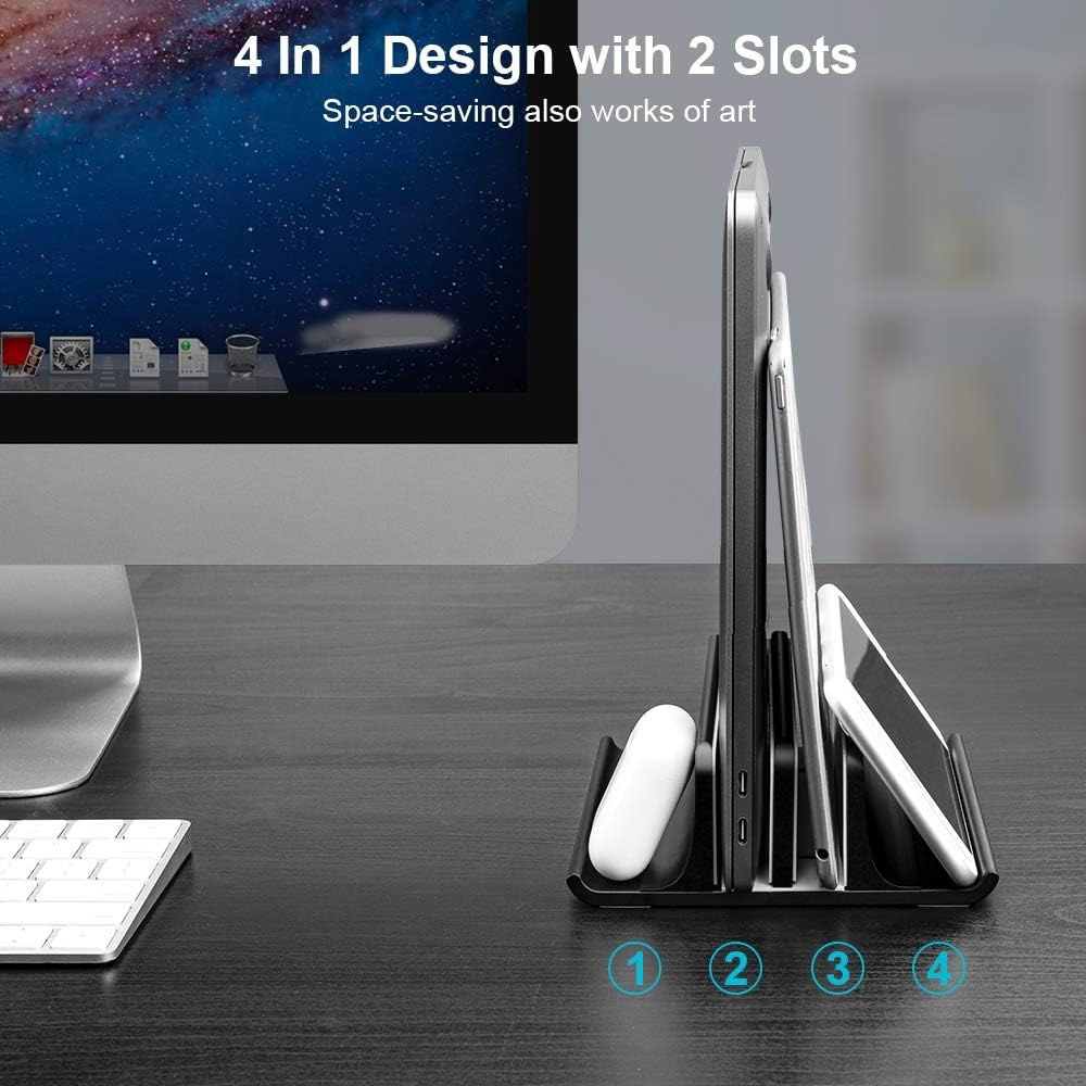 image:imageVaydeer Double Adjustable Vertical Laptop Stand Newly Designed 2 Slots Aluminum Desktop Dual Holder for All MacBookChromebookSurfaceDelliPad Up to 173 Inches BlackBlack