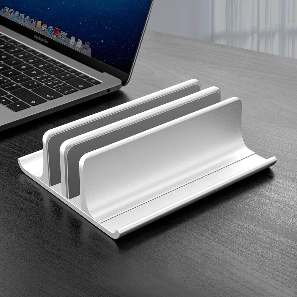 image:imageVaydeer Double Adjustable Vertical Laptop Stand Newly Designed 2 Slots Aluminum Desktop Dual Holder for All MacBookChromebookSurfaceDelliPad Up to 173 Inches BlackSilver