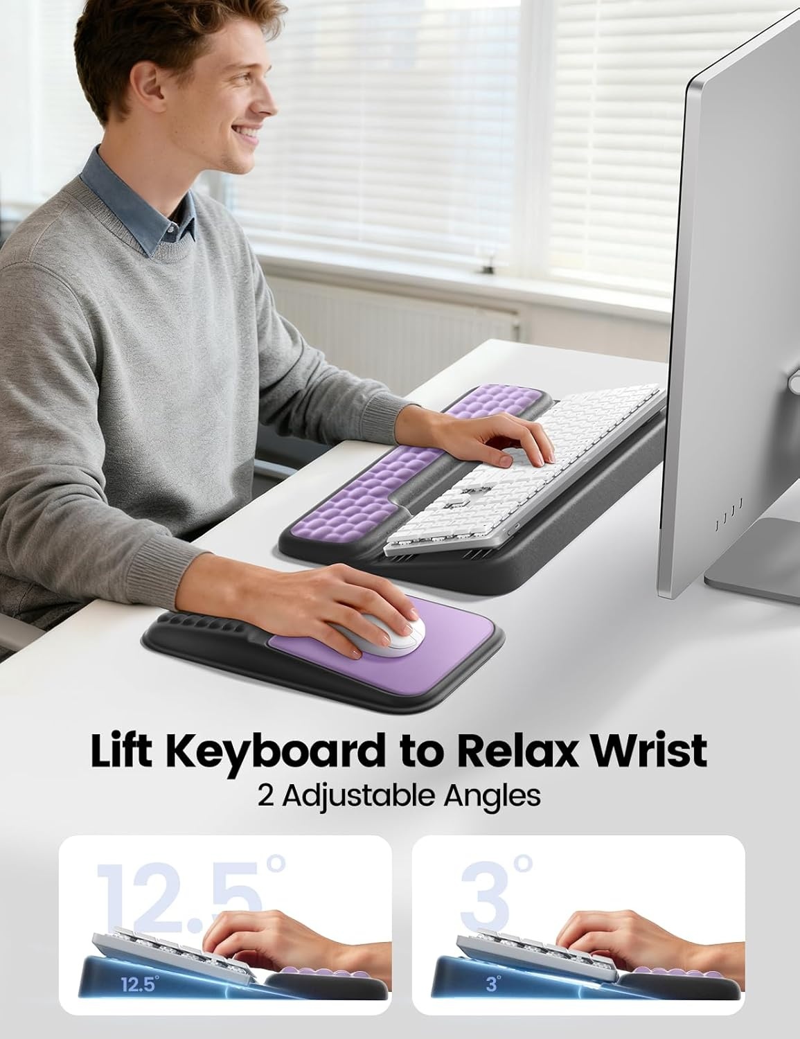 image:imageVaydeer Keyboard Stand and Mouse Pad Set with Wrist Rest Soft Memory Foam Wrist Support Ergonomic Wrist Cushion for Desk Relieves Carpal Tunnel Pain Palm Hand Typing for Office Home GamingPurple and Black