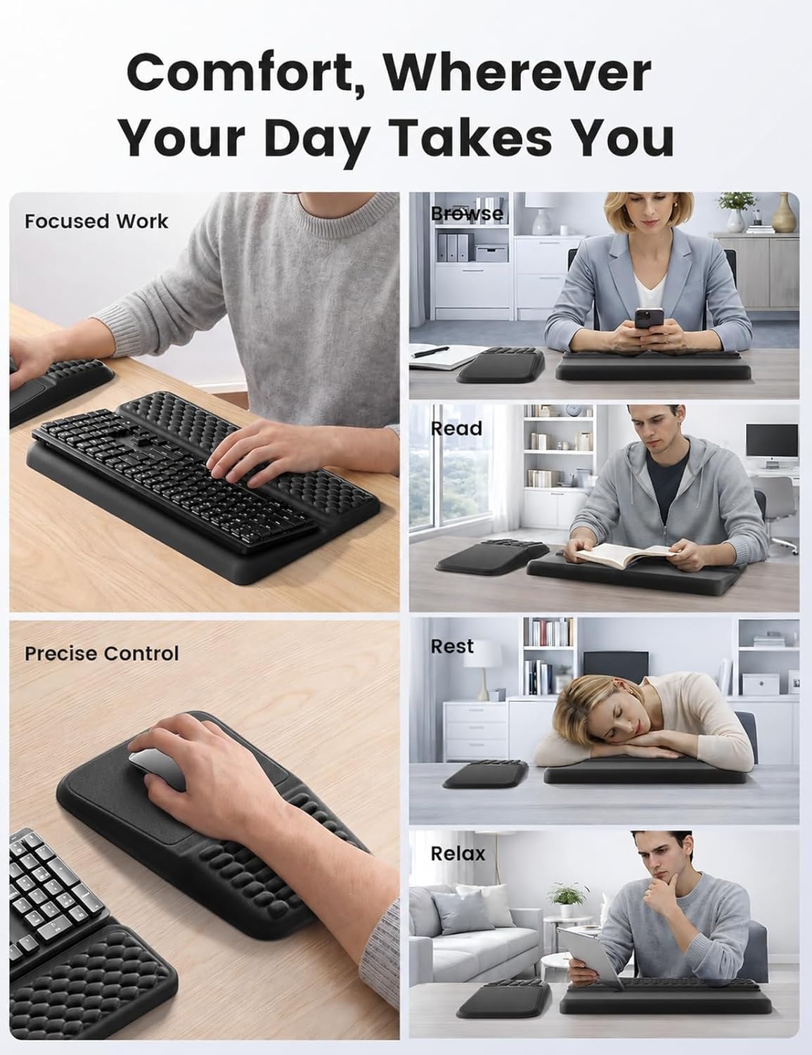 image:imageVaydeer Keyboard Stand and Mouse Pad Set with Wrist Rest Soft Memory Foam Wrist Support Ergonomic Wrist Cushion for Desk Relieves Carpal Tunnel Pain Palm Hand Typing for Office Home GamingBlack