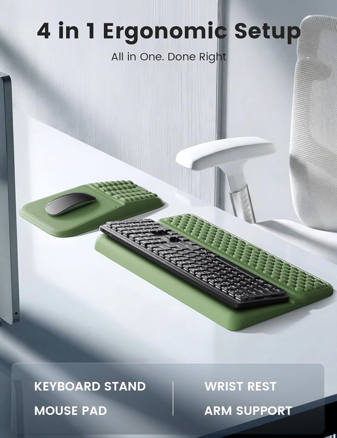 image:imageVaydeer Keyboard Stand and Mouse Pad Set with Wrist Rest Soft Memory Foam Wrist Support Ergonomic Wrist Cushion for Desk Relieves Carpal Tunnel Pain Palm Hand Typing for Office Home GamingOlive Green