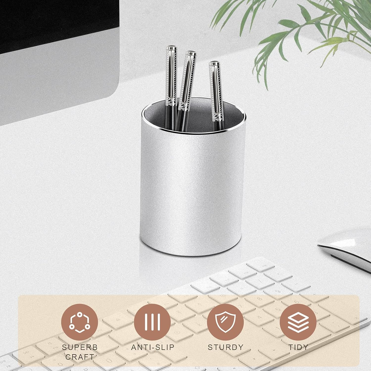 image:imageVaydeer Metal Pen Holder Aluminum Pencil Holder for desk Round Desktop Organizer and Black Pencil Cup for Office School Home and Stationary Supplies 315 x 315 x 394 InchesSilver