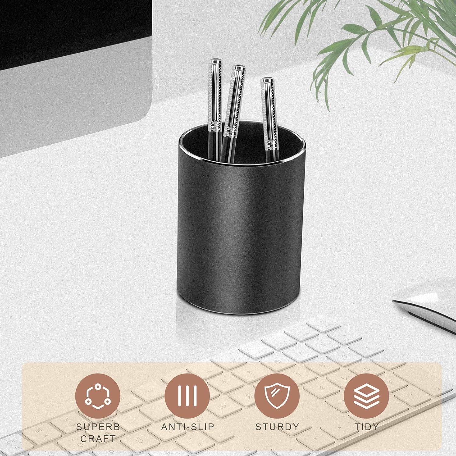 image:imageVaydeer Metal Pen Holder Aluminum Pencil Holder for desk Round Desktop Organizer and Black Pencil Cup for Office School Home and Stationary Supplies 315 x 315 x 394 InchesBlack