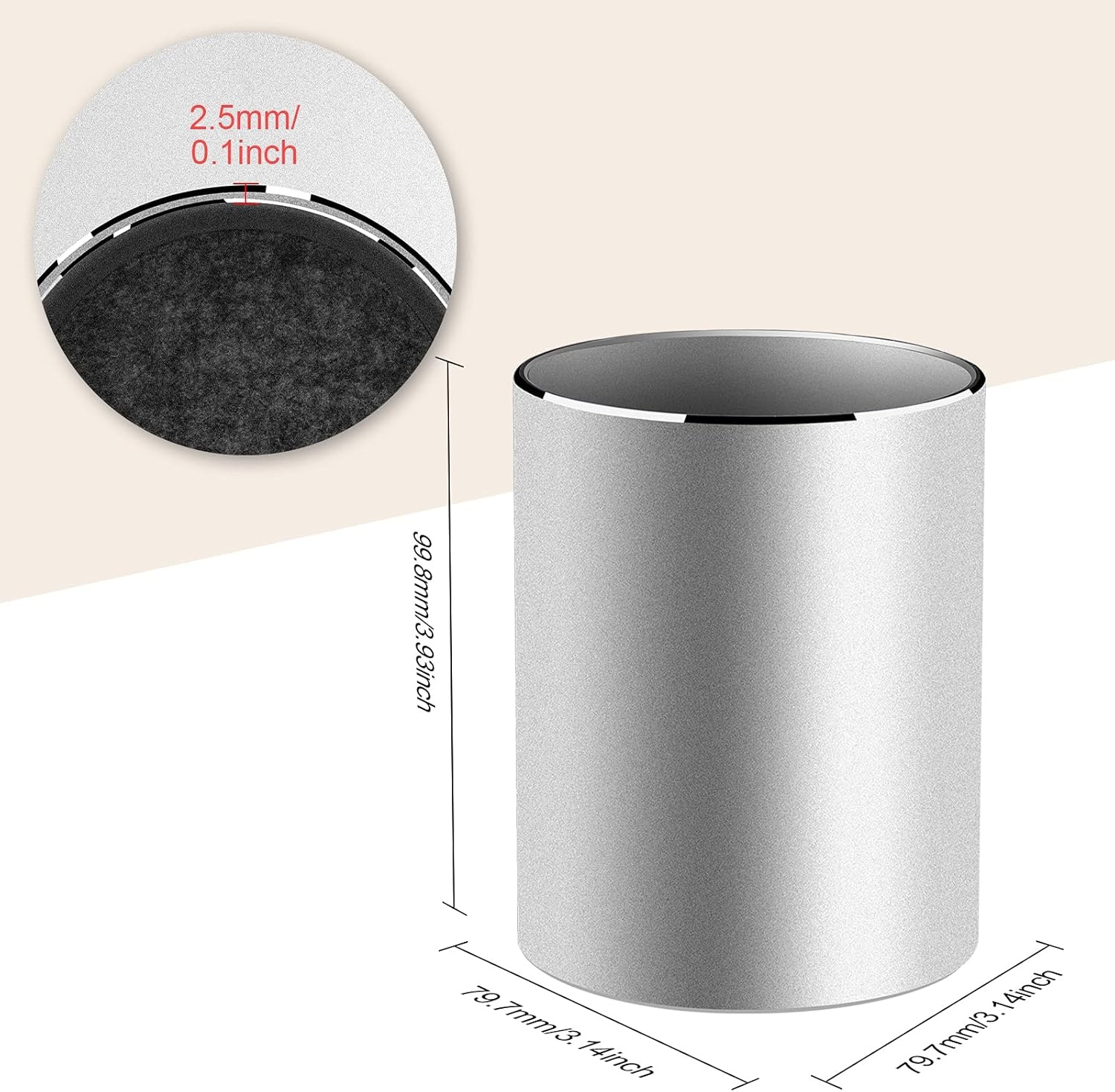 image:imageVaydeer Metal Pen Holder Aluminum Pencil Holder for desk Round Desktop Organizer and Black Pencil Cup for Office School Home and Stationary Supplies 315 x 315 x 394 InchesSilver