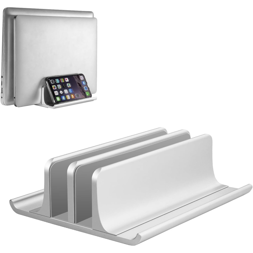 image:imageVaydeer Double Adjustable Vertical Laptop Stand Newly Designed 2 Slots Aluminum Desktop Dual Holder for All MacBookChromebookSurfaceDelliPad Up to 173 Inches BlackSilver