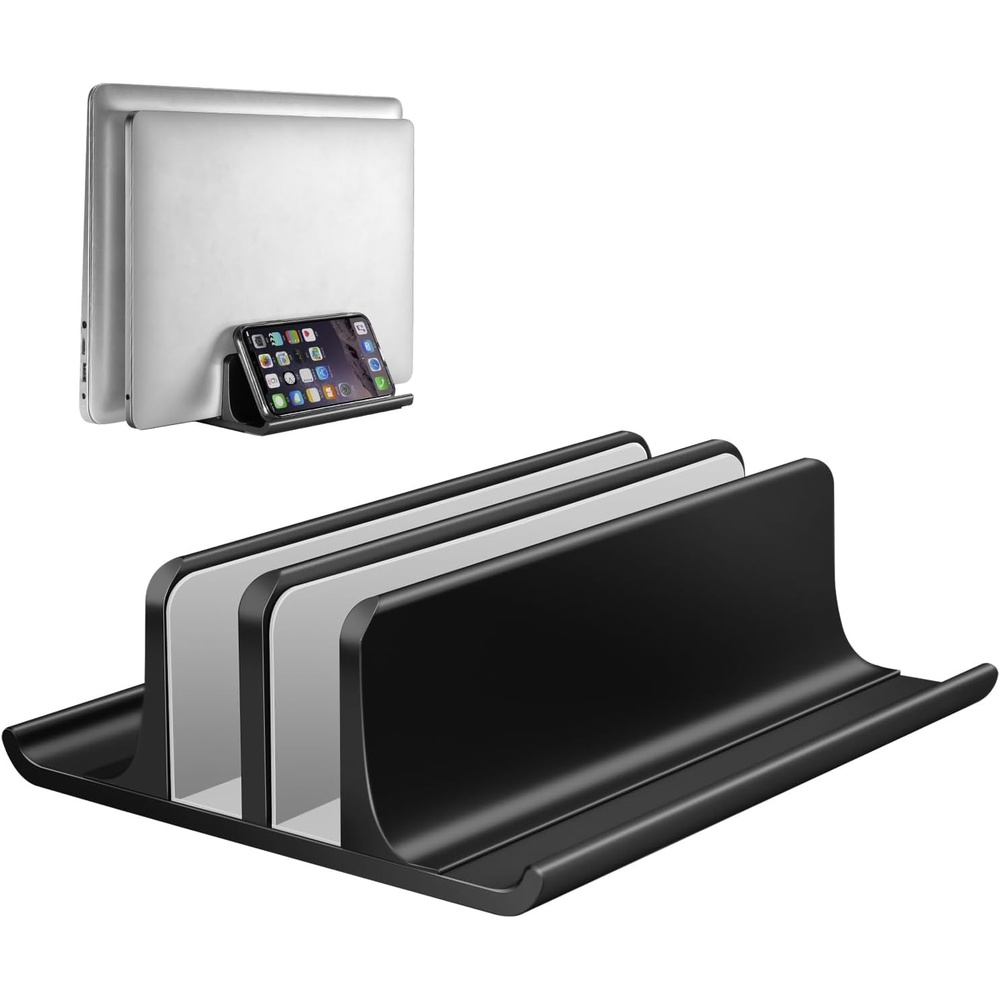 image:imageVaydeer Double Adjustable Vertical Laptop Stand Newly Designed 2 Slots Aluminum Desktop Dual Holder for All MacBookChromebookSurfaceDelliPad Up to 173 Inches BlackBlack