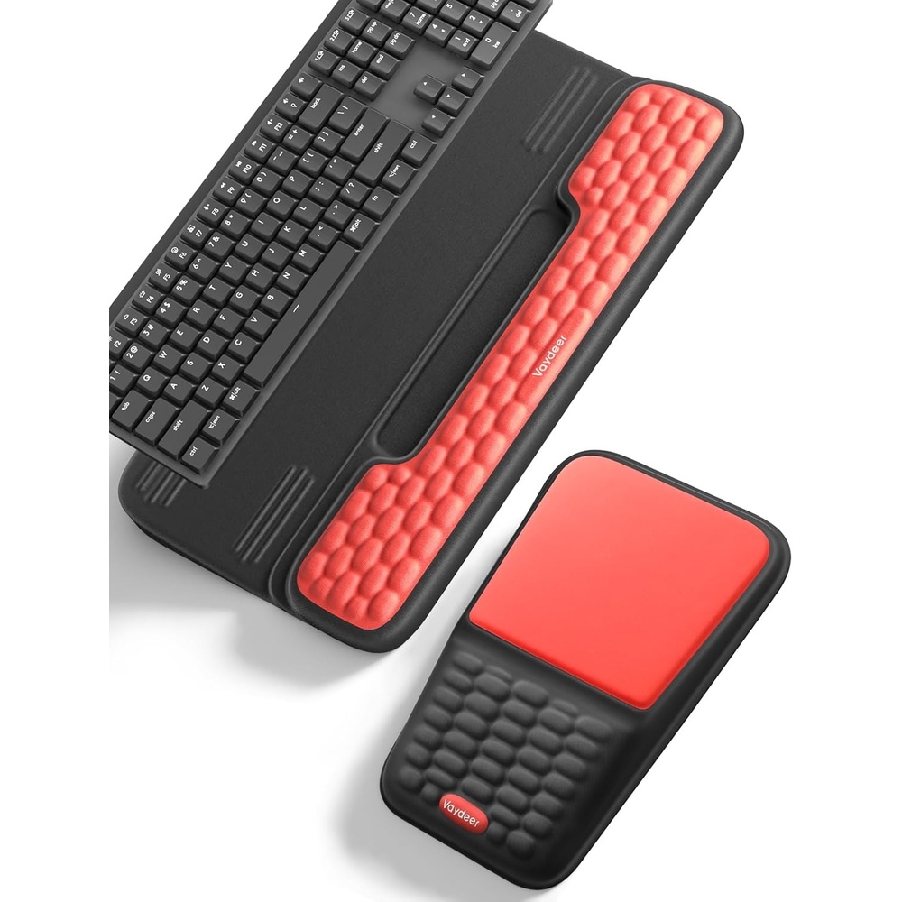 image:imageVaydeer Keyboard Stand and Mouse Pad Set with Wrist Rest Soft Memory Foam Wrist Support Ergonomic Wrist Cushion for Desk Relieves Carpal Tunnel Pain Palm Hand Typing for Office Home GamingRed and Black