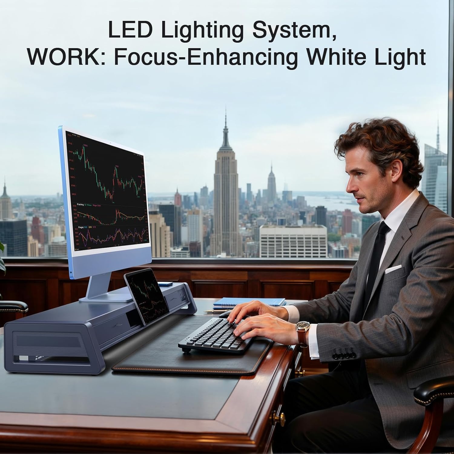 image:imageVaydeer AllinOne Dual Monitor Stand Riser with 2 Drawers 8USB Ports and Wireless Charging Pad with LED Light Strip for 2 Monitors Desk Organizer for PC iMac Metal 393 inchesWhite
