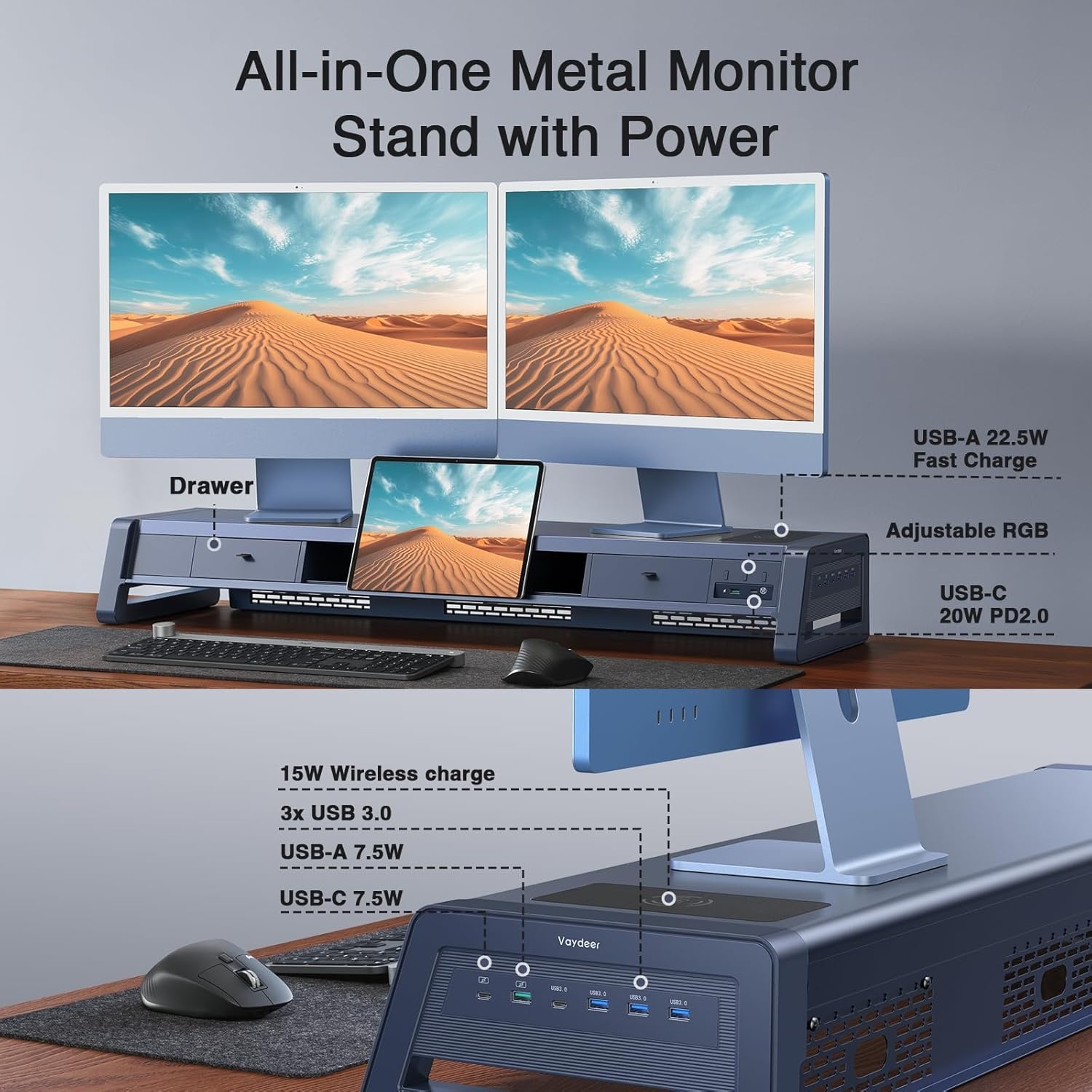 image:imageVaydeer AllinOne Dual Monitor Stand Riser with 2 Drawers 8USB Ports and Wireless Charging Pad with LED Light Strip for 2 Monitors Desk Organizer for PC iMac Metal 393 inchesWhite