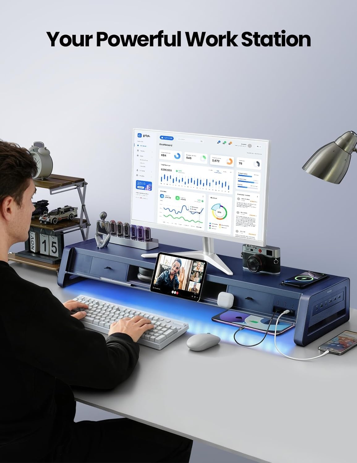 image:imageVaydeer AllinOne Dual Monitor Stand Riser with 2 Drawers 8USB Ports and Wireless Charging Pad with LED Light Strip for 2 Monitors Desk Organizer for PC iMac Metal 393 inchesDark Blue