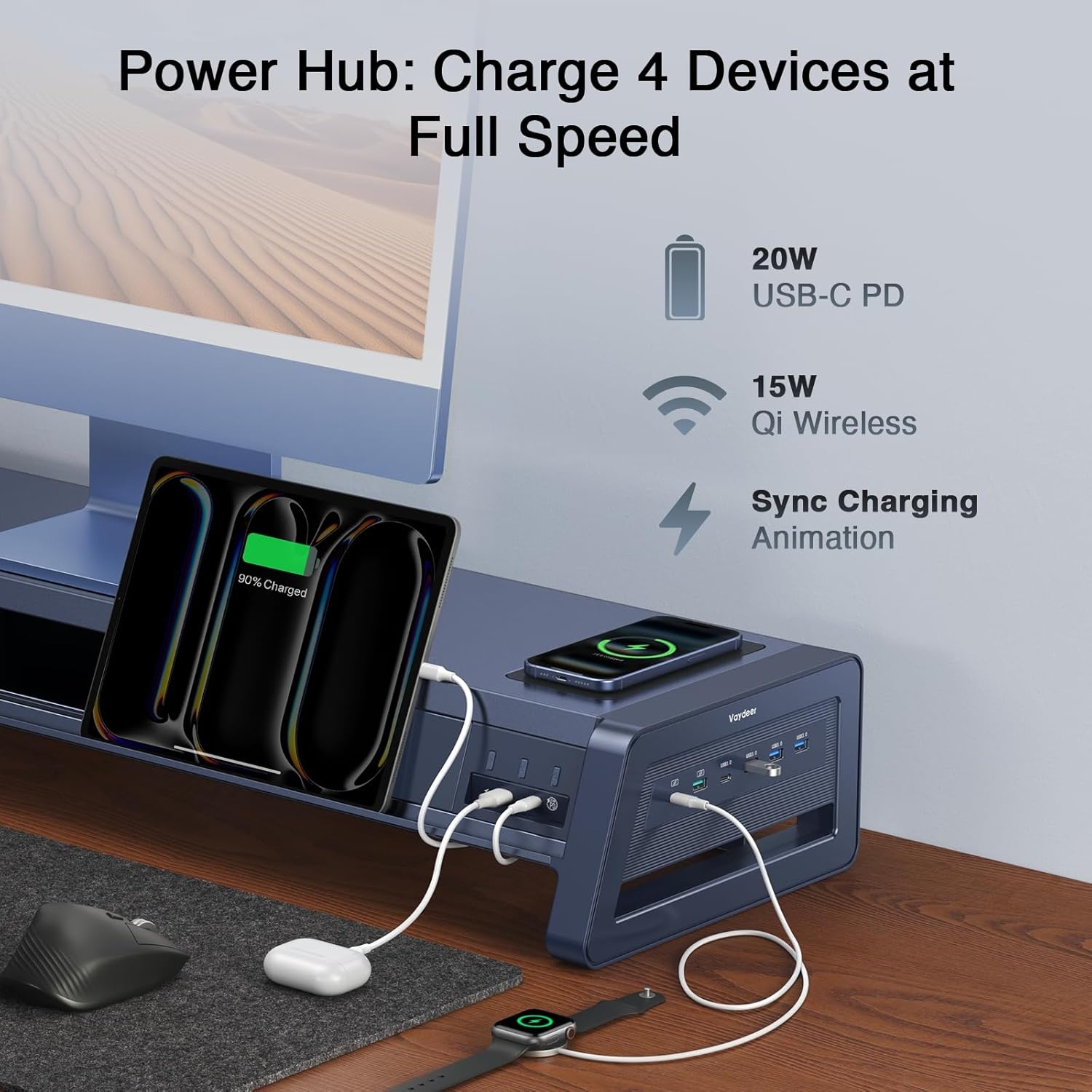 image:imageVaydeer AllinOne Dual Monitor Stand Riser with 2 Drawers 8USB Ports and Wireless Charging Pad with LED Light Strip for 2 Monitors Desk Organizer for PC iMac Metal 393 inchesDark Blue