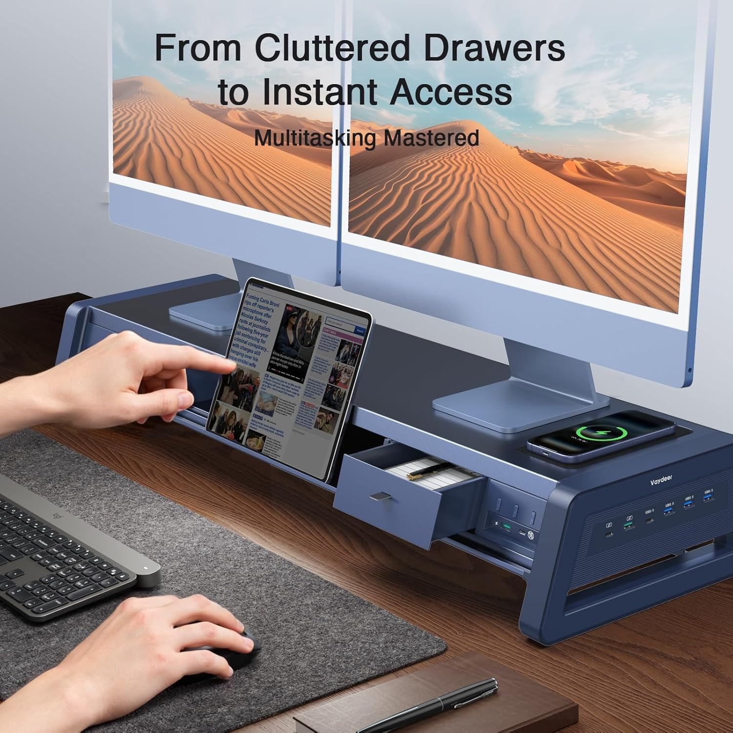 image:imageVaydeer AllinOne Dual Monitor Stand Riser with 2 Drawers 8USB Ports and Wireless Charging Pad with LED Light Strip for 2 Monitors Desk Organizer for PC iMac Metal 393 inchesWhite