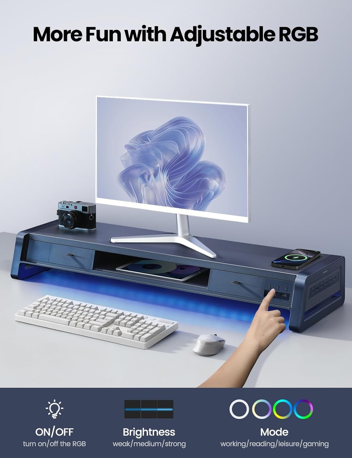 image:imageVaydeer AllinOne Dual Monitor Stand Riser with 2 Drawers 8USB Ports and Wireless Charging Pad with LED Light Strip for 2 Monitors Desk Organizer for PC iMac Metal 393 inchesDark Blue