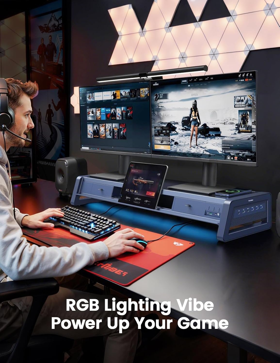 image:imageVaydeer AllinOne Dual Monitor Stand Riser with 2 Drawers 8USB Ports and Wireless Charging Pad with LED Light Strip for 2 Monitors Desk Organizer for PC iMac Metal 393 inchesDark Blue