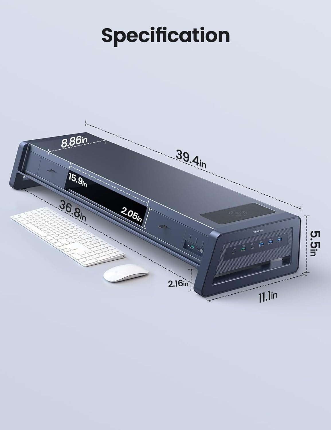 image:imageVaydeer AllinOne Dual Monitor Stand Riser with 2 Drawers 8USB Ports and Wireless Charging Pad with LED Light Strip for 2 Monitors Desk Organizer for PC iMac Metal 393 inchesDark Blue