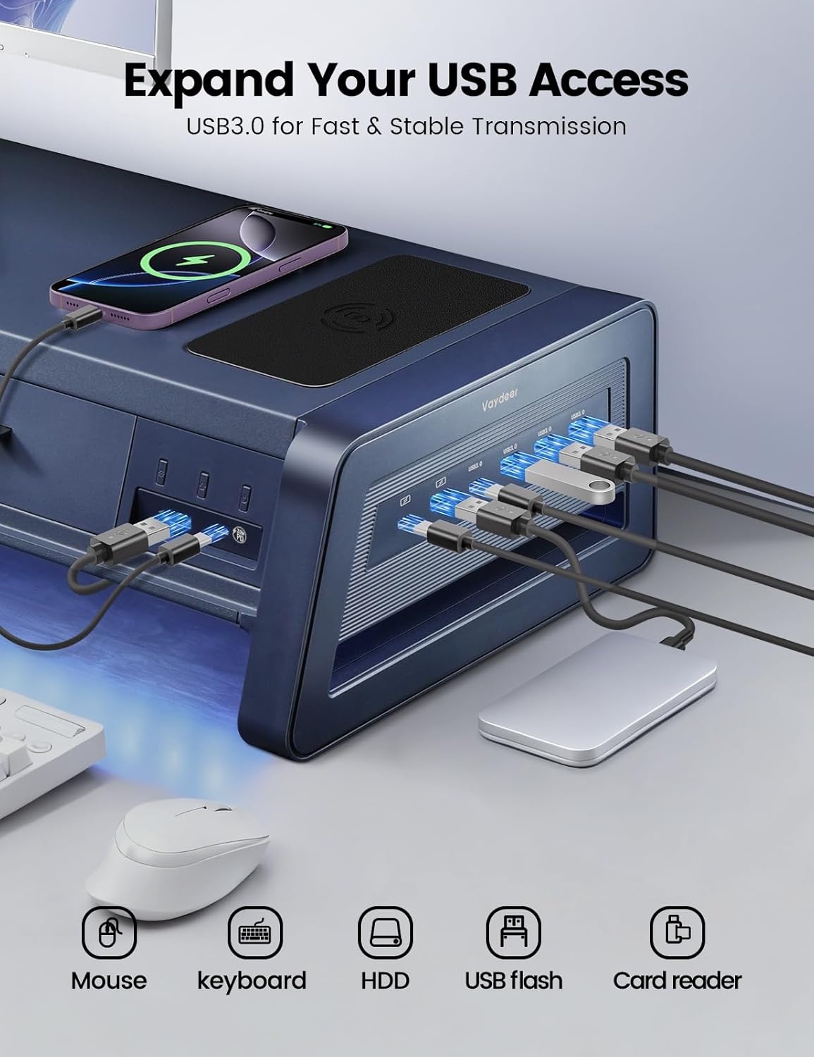 image:imageVaydeer AllinOne Dual Monitor Stand Riser with 2 Drawers 8USB Ports and Wireless Charging Pad with LED Light Strip for 2 Monitors Desk Organizer for PC iMac Metal 393 inchesDark Blue