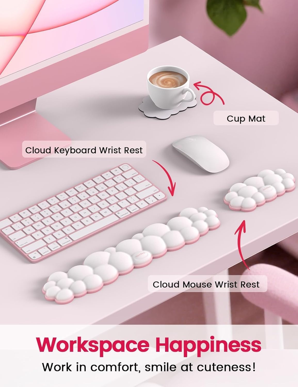 image:imageVaydeer Cloud Keyboard Wrist Rest Set Ergonomic Memory Foam Wrist Pad for Computer Laptop amp Gaming NonSlip Cute Desk Accessories for OfficeKeyboard Rest Mouse Rest CoasterA2rose Pink