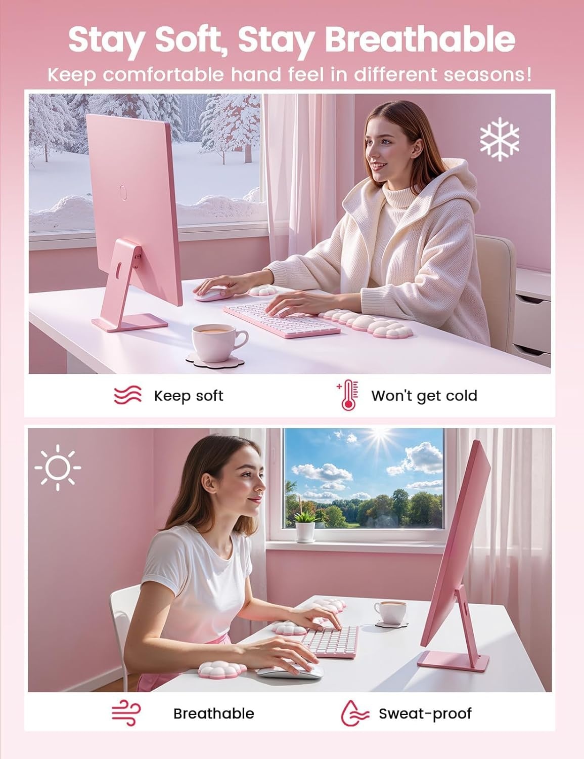 image:imageVaydeer Cloud Keyboard Wrist Rest Set Ergonomic Memory Foam Wrist Pad for Computer Laptop amp Gaming NonSlip Cute Desk Accessories for OfficeKeyboard Rest Mouse Rest CoasterA2rose Pink