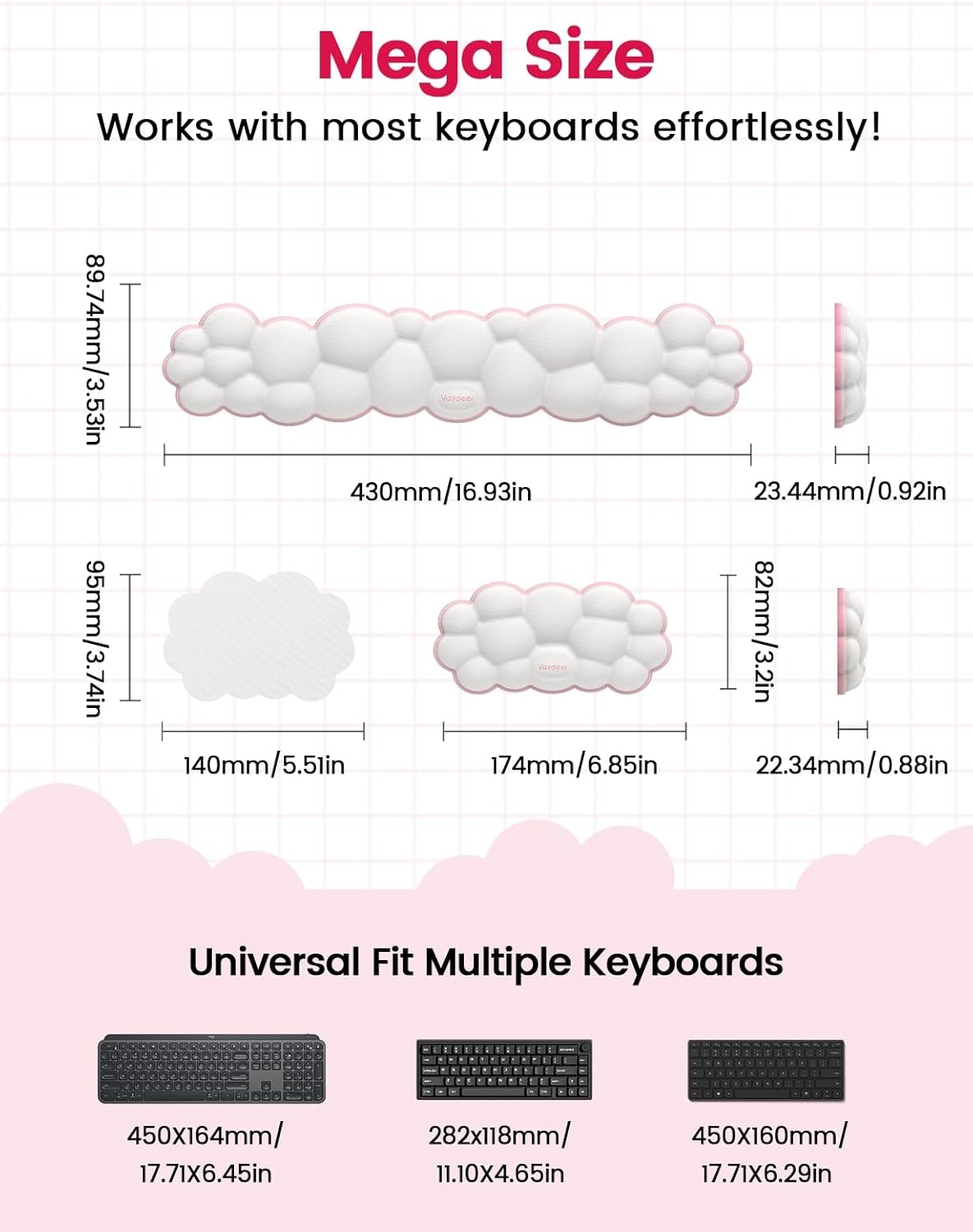 image:imageVaydeer Cloud Keyboard Wrist Rest Set Ergonomic Memory Foam Wrist Pad for Computer Laptop amp Gaming NonSlip Cute Desk Accessories for OfficeKeyboard Rest Mouse Rest CoasterA2rose Pink