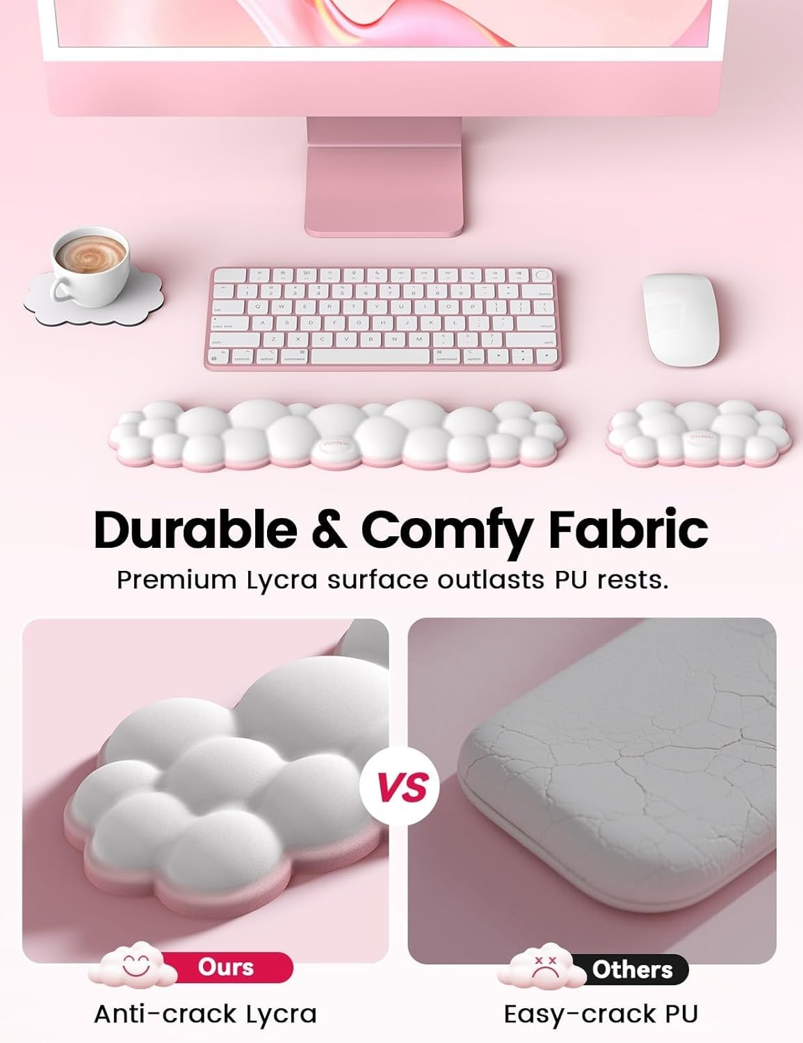 image:imageVaydeer Cloud Keyboard Wrist Rest Set Ergonomic Memory Foam Wrist Pad for Computer Laptop amp Gaming NonSlip Cute Desk Accessories for OfficeKeyboard Rest Mouse Rest CoasterA2rose Pink