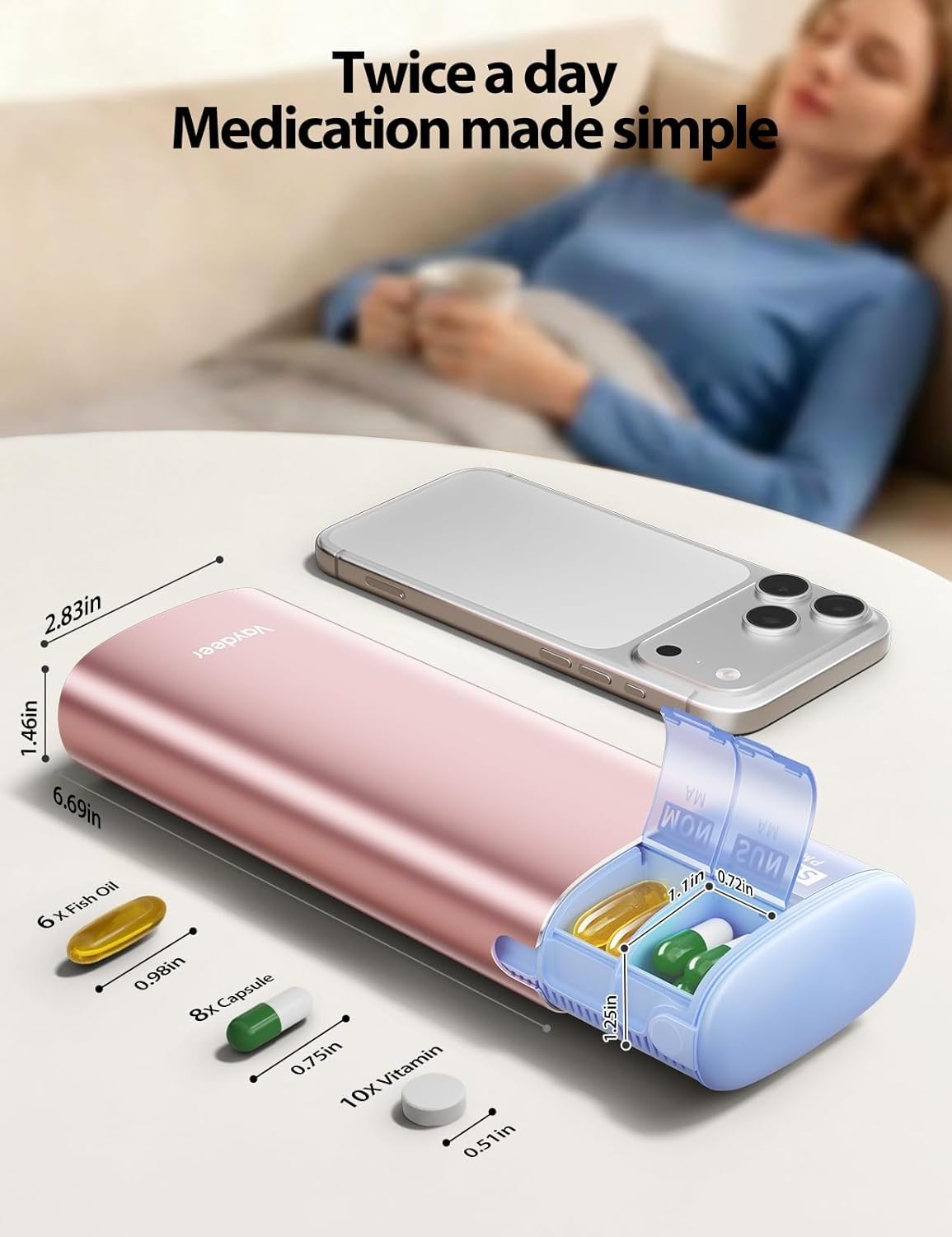 image:imageVaydeer Metal 7 Day Pill Organizer 2 Times a Day AM PM Weekly Travel Pill Case with MoistureProof Desiccant Airtight Large Capacity Pill Box for Vitamins Medications amp Supplements Rose GoldRose Gold