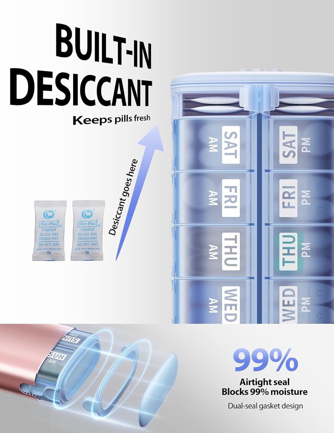 image:imageVaydeer Metal 7 Day Pill Organizer 2 Times a Day AM PM Weekly Travel Pill Case with MoistureProof Desiccant Airtight Large Capacity Pill Box for Vitamins Medications amp Supplements Rose GoldRose Gold