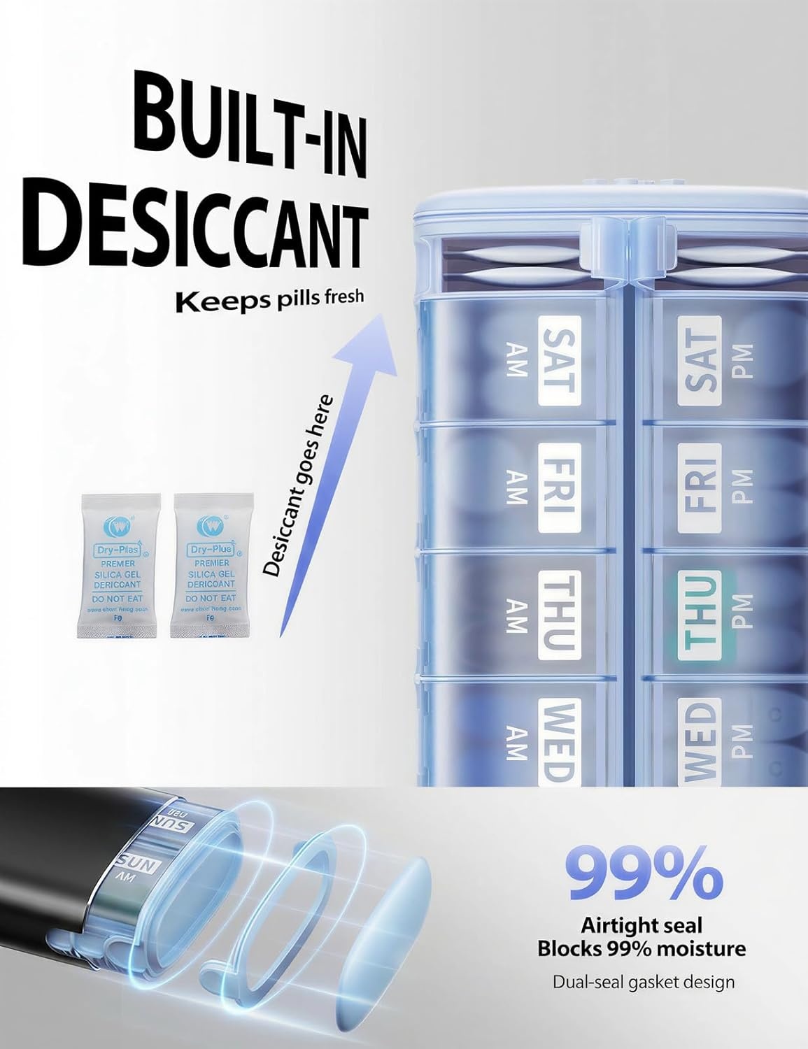 image:imageVaydeer Metal 7 Day Pill Organizer 2 Times a Day AM PM Weekly Travel Pill Case with MoistureProof Desiccant Airtight Large Capacity Pill Box for Vitamins Medications amp Supplements Rose GoldBlack