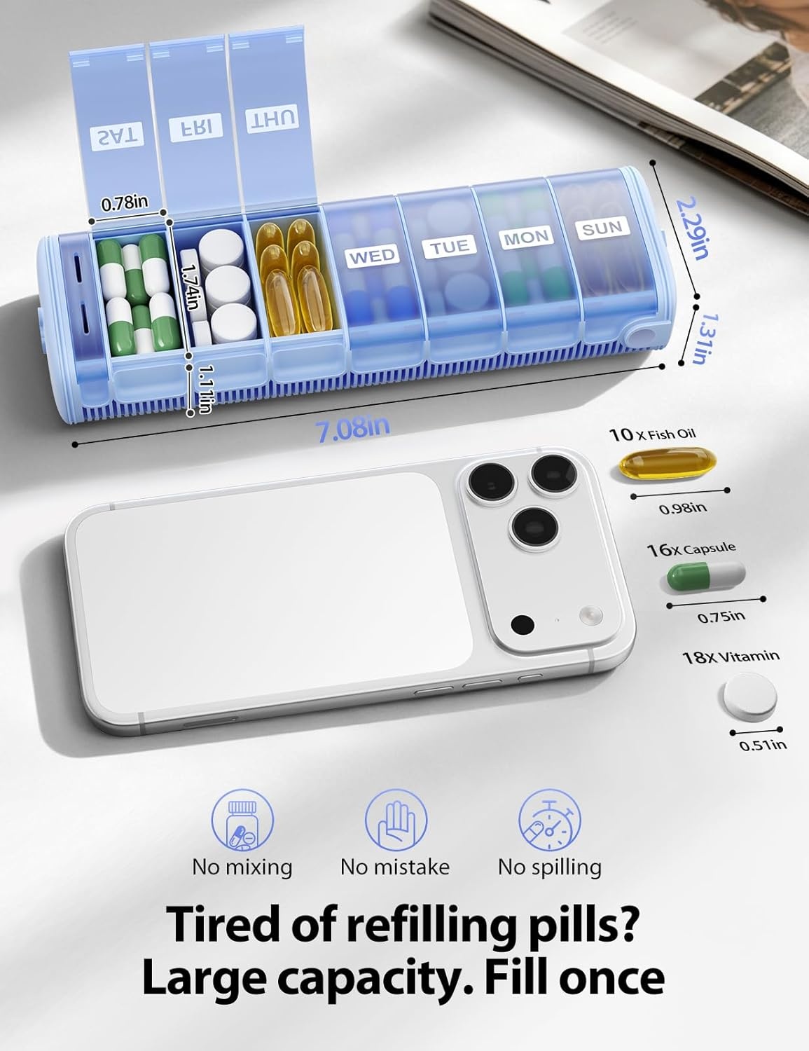 image:imageVaydeer Metal Travel Pill Organizer 7Day Weekly Pill Case with MoistureResistant Desiccant Airtight Compact Pill Box for Daily Medication Vitamins amp Supplements Black