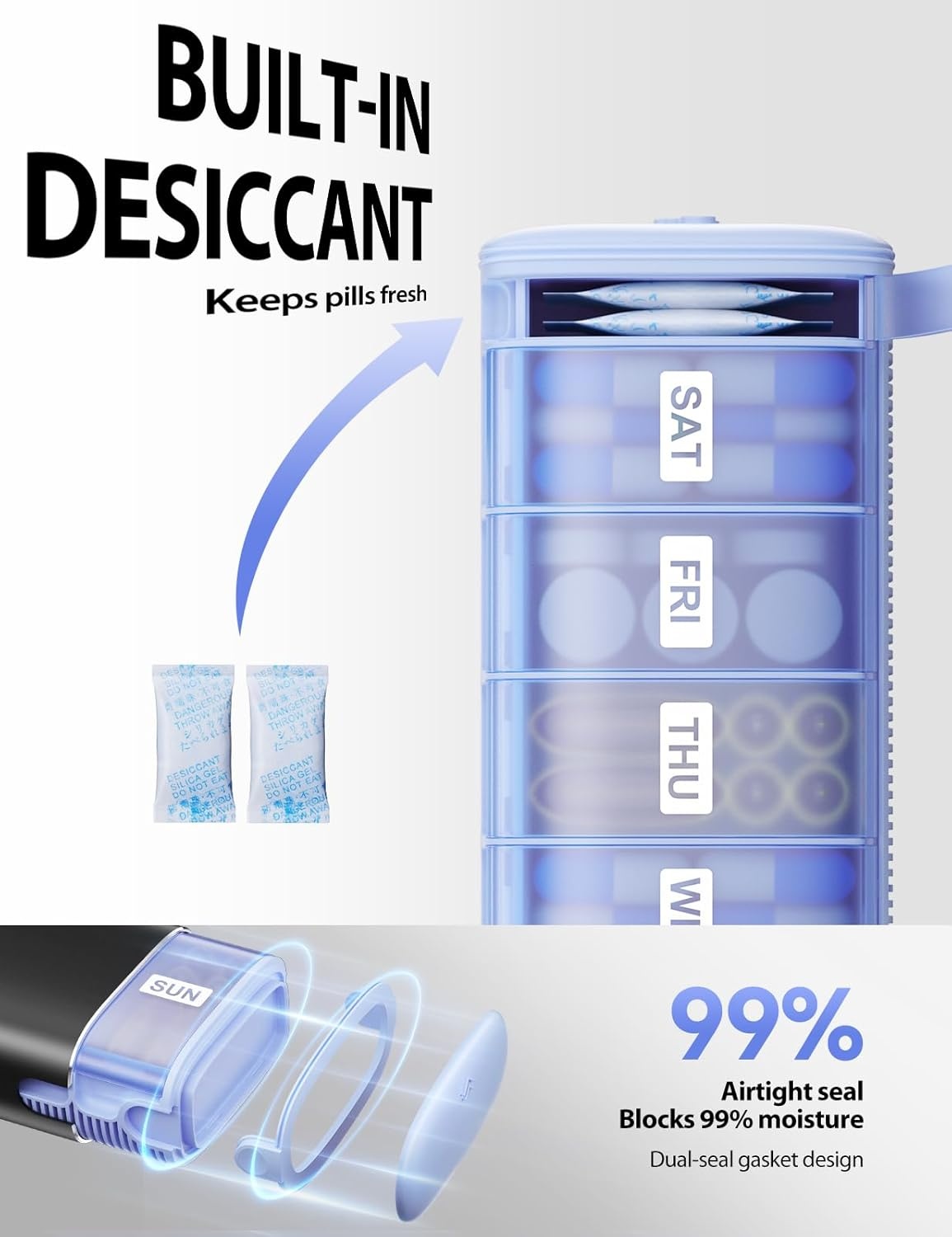 image:imageVaydeer Metal Travel Pill Organizer 7Day Weekly Pill Case with MoistureResistant Desiccant Airtight Compact Pill Box for Daily Medication Vitamins amp Supplements Black