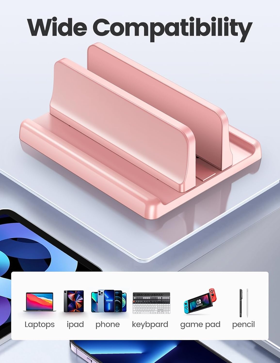 image:imageVaydeer Vertical Laptop Stand Holder Organizer Plastic Adjustable Desktop Notebook Dock SpaceSaving 3 in 1 for All MacBook Pro AirMacHPDellMicrosoft SurfaceLenovoup to 173 inches BlackPink