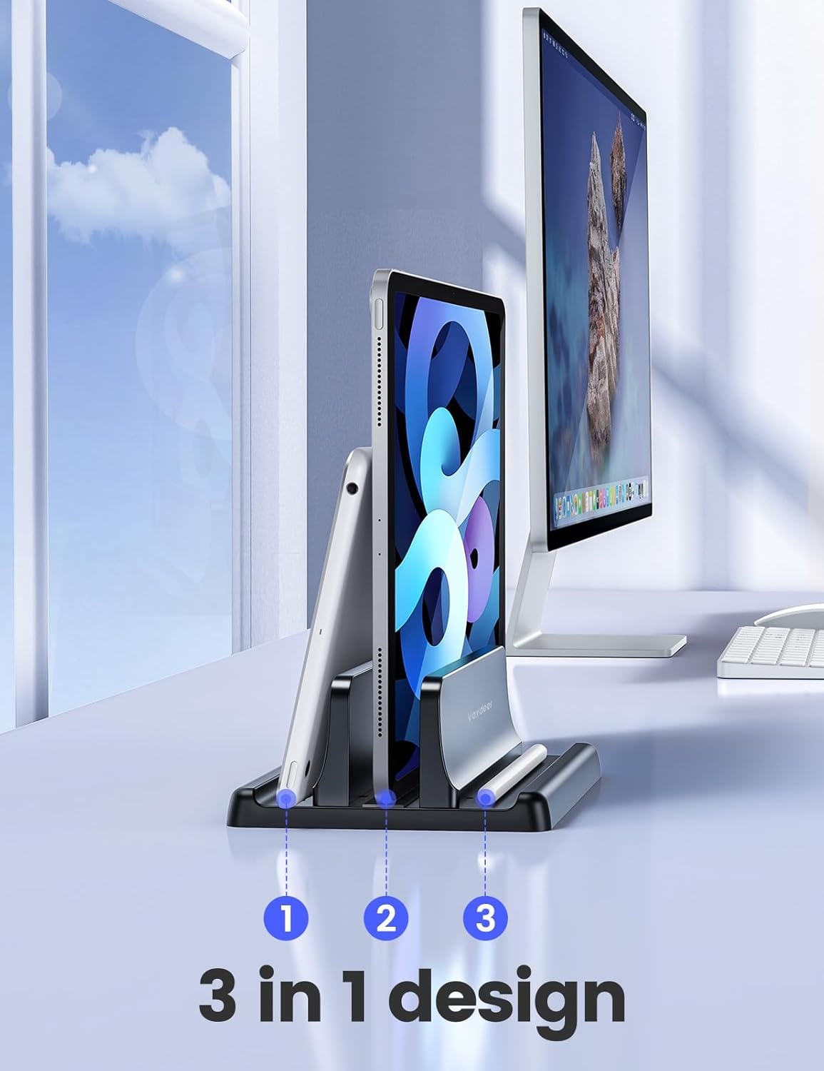 image:imageVaydeer Vertical Laptop Stand Holder Organizer Plastic Adjustable Desktop Notebook Dock SpaceSaving 3 in 1 for All MacBook Pro AirMacHPDellMicrosoft SurfaceLenovoup to 173 inches BlackBlack