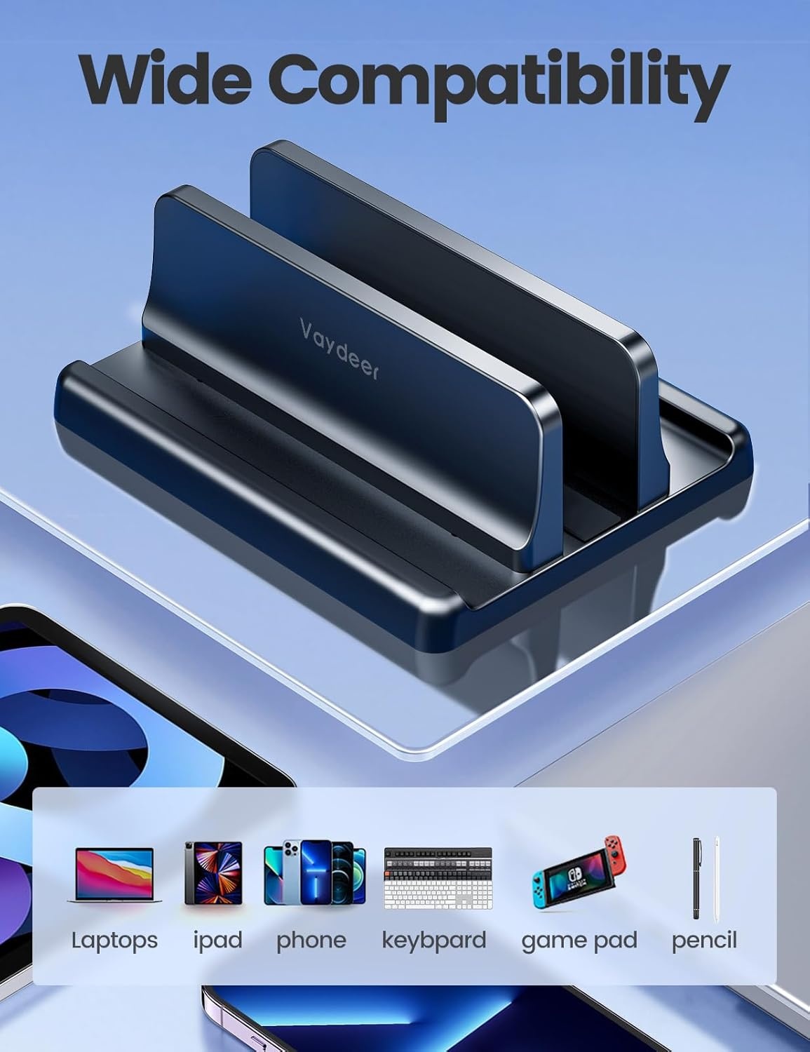 image:imageVaydeer Vertical Laptop Stand Holder Organizer Plastic Adjustable Desktop Notebook Dock SpaceSaving 3 in 1 for All MacBook Pro AirMacHPDellMicrosoft SurfaceLenovoup to 173 inches BlackBlack