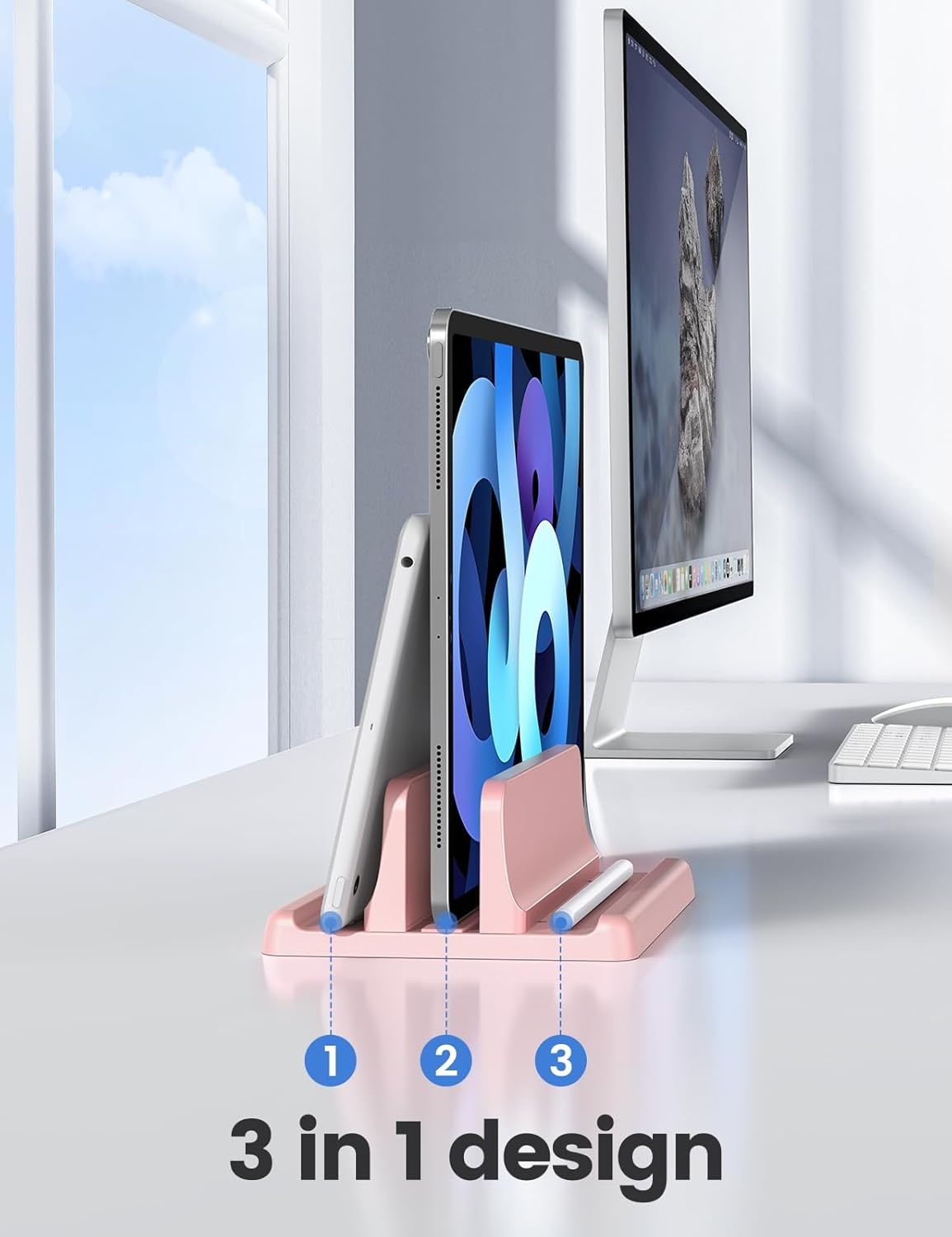 image:imageVaydeer Vertical Laptop Stand Holder Organizer Plastic Adjustable Desktop Notebook Dock SpaceSaving 3 in 1 for All MacBook Pro AirMacHPDellMicrosoft SurfaceLenovoup to 173 inches BlackPink