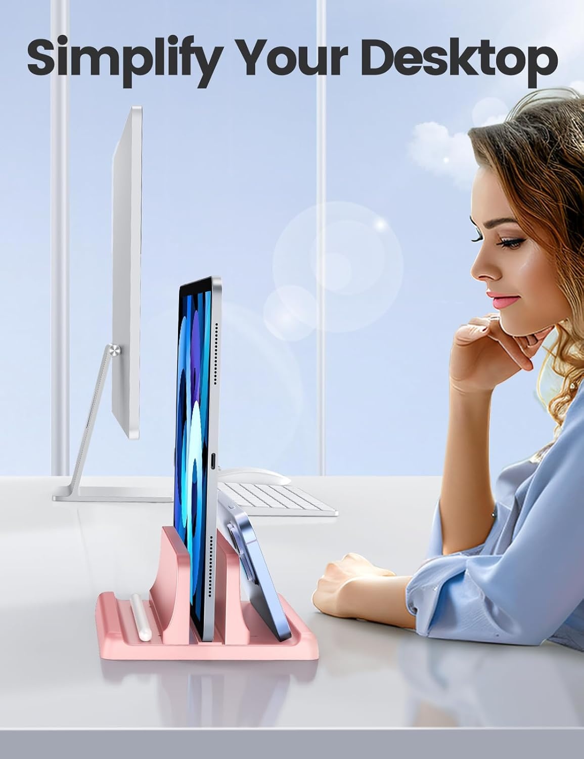 image:imageVaydeer Vertical Laptop Stand Holder Organizer Plastic Adjustable Desktop Notebook Dock SpaceSaving 3 in 1 for All MacBook Pro AirMacHPDellMicrosoft SurfaceLenovoup to 173 inches BlackPink